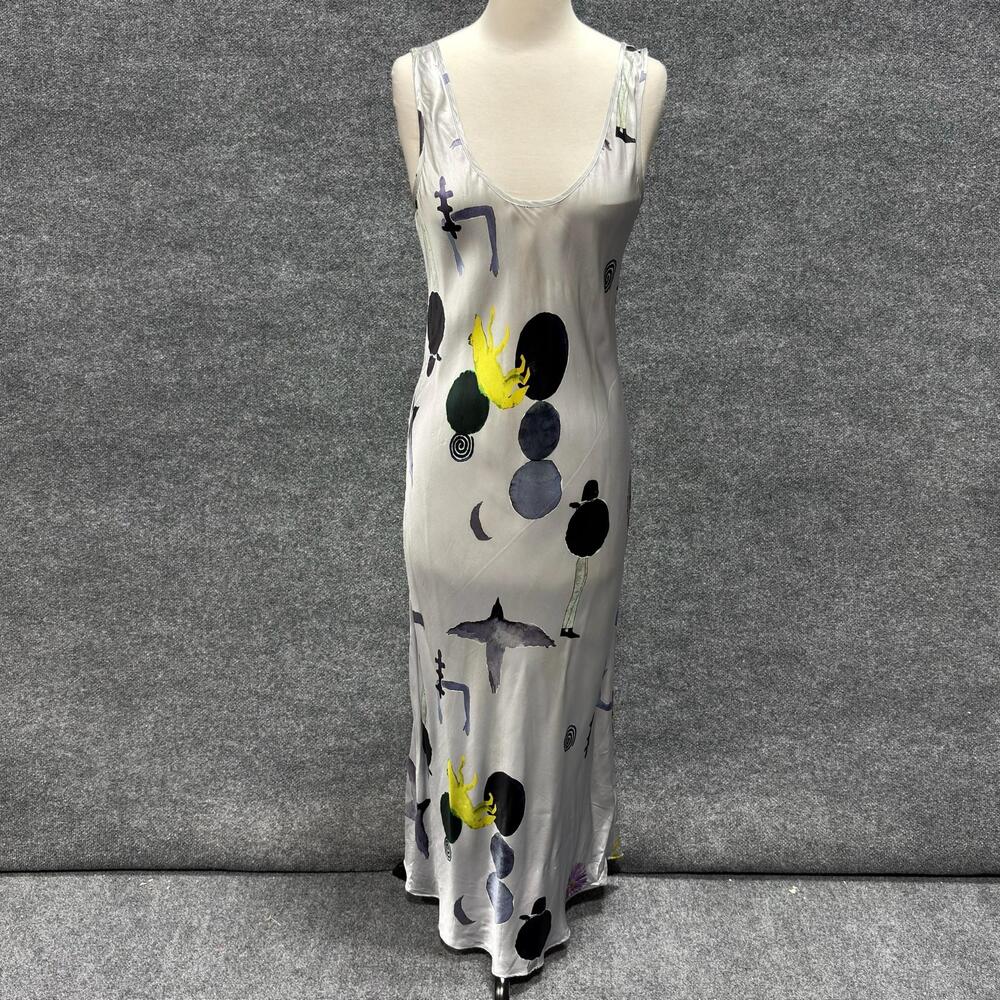 Silk Laundry Dress Womens M Gray Art Graphic Print Silk Slip Maxi Scoop Neck